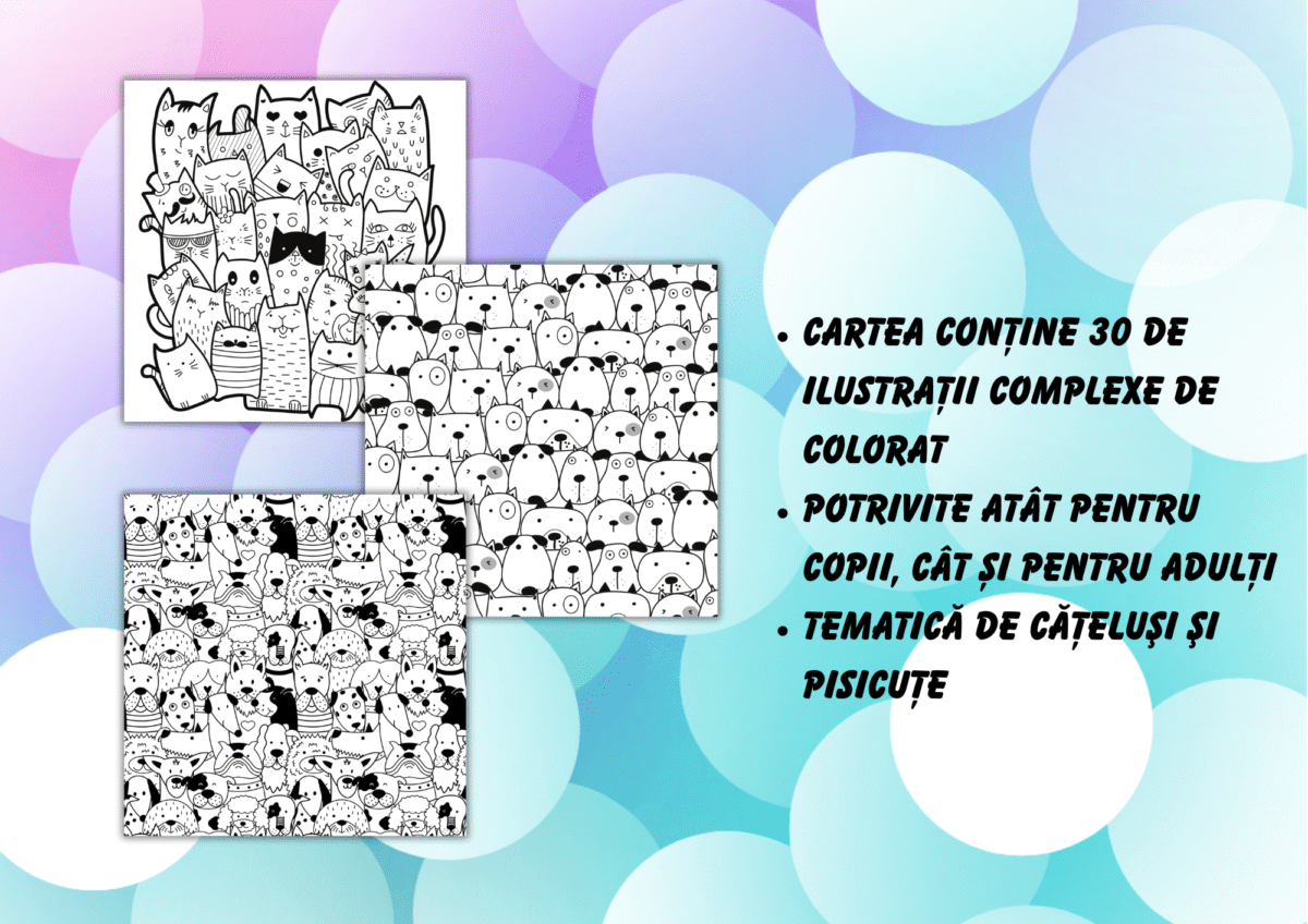Carte de colorat digitală – 30 de ilustrații complexe cu cățeluși și pisicuțe - imagine 4